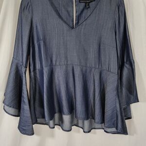 White House Black Market Denim Peplum Blouse Women’s 4 | Bell Sleeve V-Neck Top